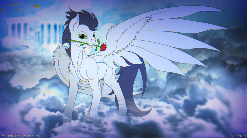 blue_eyes blue_hair cloud equine eye feathers friendship_is_magic fur green_eyes hair hooves horse horse_tail looking_at_viewer male mammal mane my_little_pony pegasus pony reinkorn smile soarin_(mlp) solo teeth translucent wings wonderbolts_(mlp)