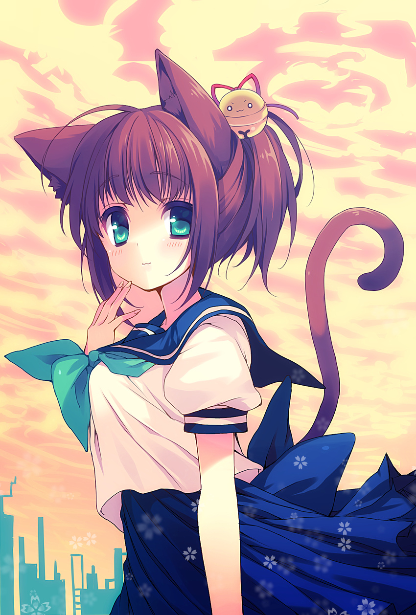 animal_ears bad_id bad_pixiv_id bell blue_eyes blue_skirt blush brown_hair cat_ears cat_tail highres long_skirt looking_at_viewer original ponytail puffy_sleeves reia shirt short_sleeves skirt smile solo tail white_shirt