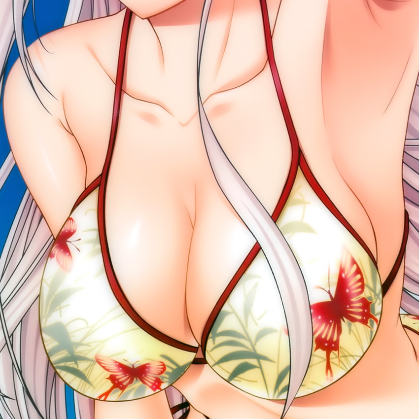 1girl :d ;d bikini blue_eyes blue_hair breasts brown_eyes charlotte_hazellink cleavage close-up cloud copyright_name fujikura_yuu highres komori_kei large_breasts long_hair ocean open_mouth princess_lover sky smile solo swimsuit very_long_hair water white_hair wink