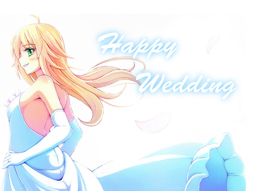 bad_id bad_pixiv_id bare_back bare_shoulders blonde_hair dress elbow_gloves english gloves green_eyes highres hoshii_miki idolmaster idolmaster_(classic) jewelry long_hair okome_(minagisama) profile ring solo strapless strapless_dress text_focus wedding_band wedding_dress white_gloves