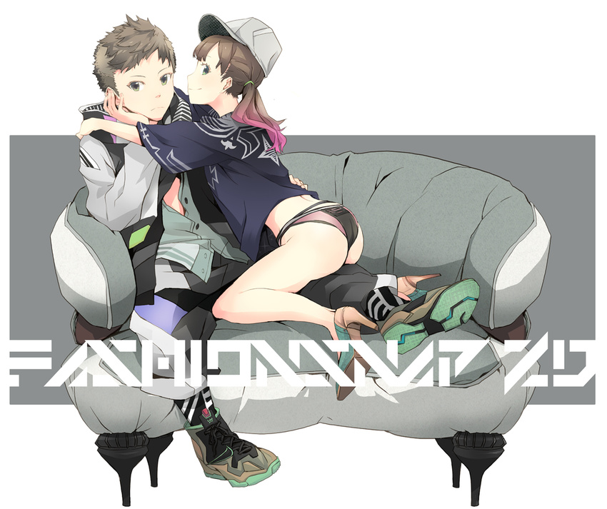 1girl ass bad_id bad_pixiv_id bangs baseball_cap brown_eyes brown_hair couch fashion frown green_eyes grey_hat hand_on_another's_back hand_on_another's_shoulder hand_on_own_cheek hat hetero high_heels highlights hug long_sleeves looking_at_viewer multicolored_hair no_pants original panties partially_unbuttoned pink_hair print_shirt shirt shoes short_sleeves sitting smile sneakers thigh_straddling twintails underwear yoshito