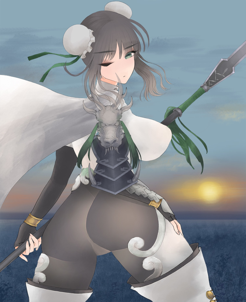 ass black_hair blush bodysuit boots breasts bun_cover cape chinese_clothes crouching double_bun fate/grand_order fate_(series) fingerless_gloves gloves green_eyes highres huge_ass large_breasts looking_at_viewer looking_back ninja one_eye_closed pants polearm qin_liangyu_(fate) qui shiny shiny_clothes shiny_hair short_hair sideboob skin_tight solo spear standing tight tight_pants weapon wink