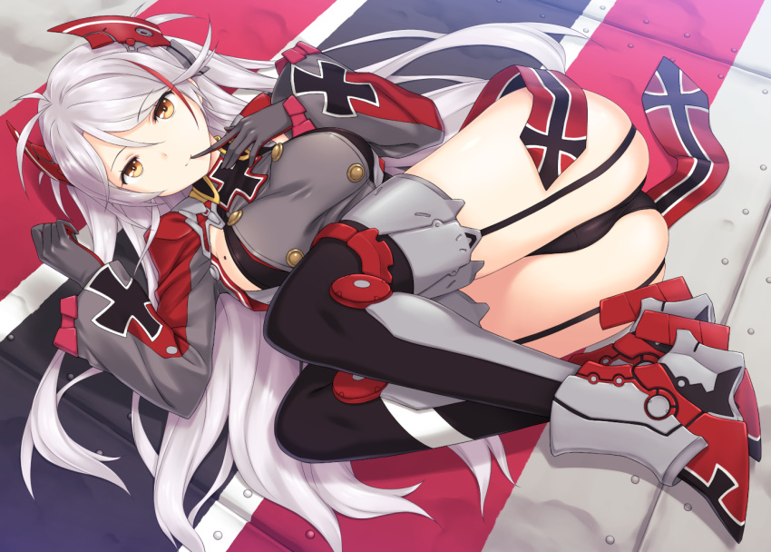 1girl antenna_hair armpit_cutout ass azur_lane bangs boots breasts brown_eyes eyebrows_visible_through_hair finger_to_mouth garter_straps hair_between_eyes headgear iron_cross kirisawa_shinji large_breasts leotard long_hair long_sleeves looking_at_viewer lying mole mole_on_breast multicolored_hair on_side prinz_eugen_(azur_lane) red_hair rudder_shoes silver_hair smile solo streaked_hair taut_clothes thighs two_side_up very_long_hair wide_sleeves