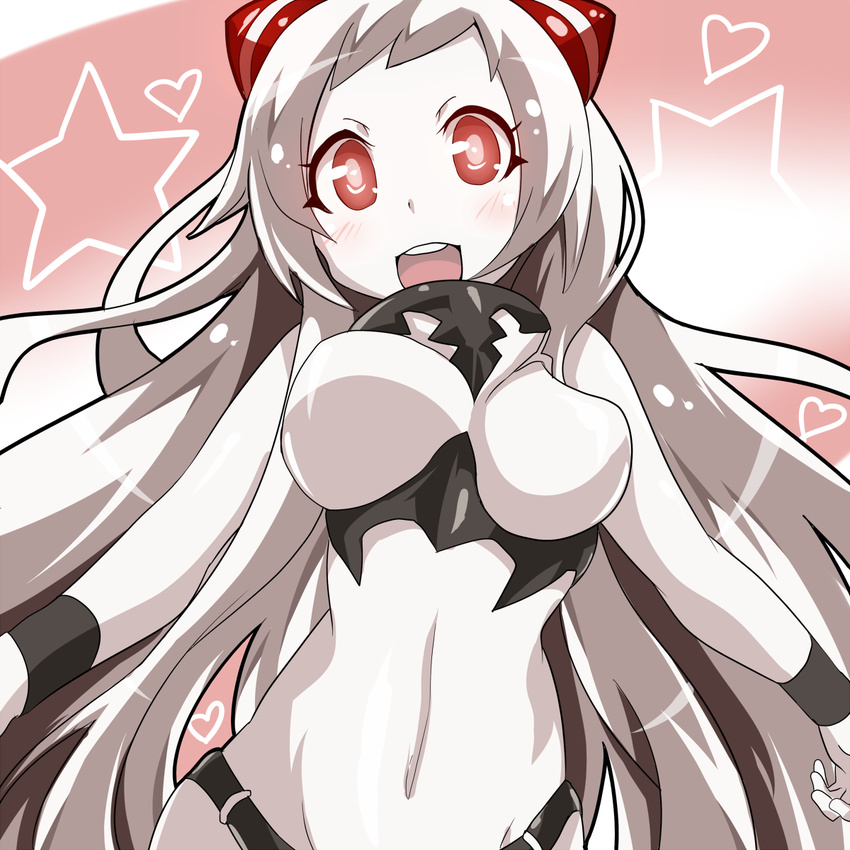 :d airfield_hime blush bouncing_breasts breasts heart highres horns kantai_collection large_breasts long_hair looking_at_viewer navel open_mouth red_eyes shinkaisei-kan smile solo star tom_(drpow) very_long_hair white_hair white_skin wristband