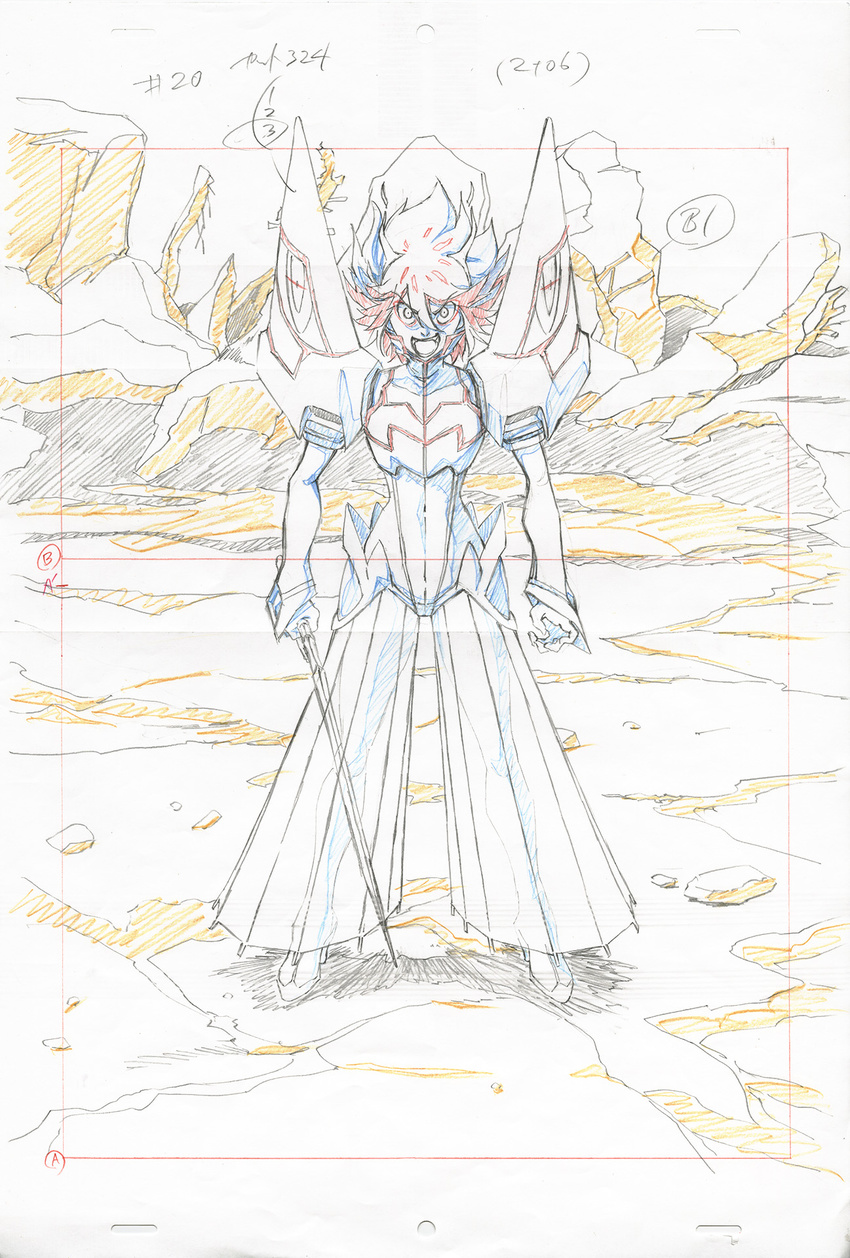 color_trace commentary highres junketsu key_frame kill_la_kill matoi_ryuuko official_art partially_colored production_art promotional_art sketch solo spoilers sword traditional_media trigger_(company) weapon