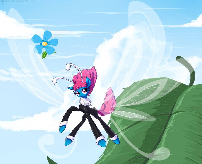 antennae arthropod breezie clothing cloud flower flying frankier77 friendship_is_magic fur hair insect leaf male my_little_pony outside pink_hair purple_eyes seabreeze_(mlp) sky solo wings