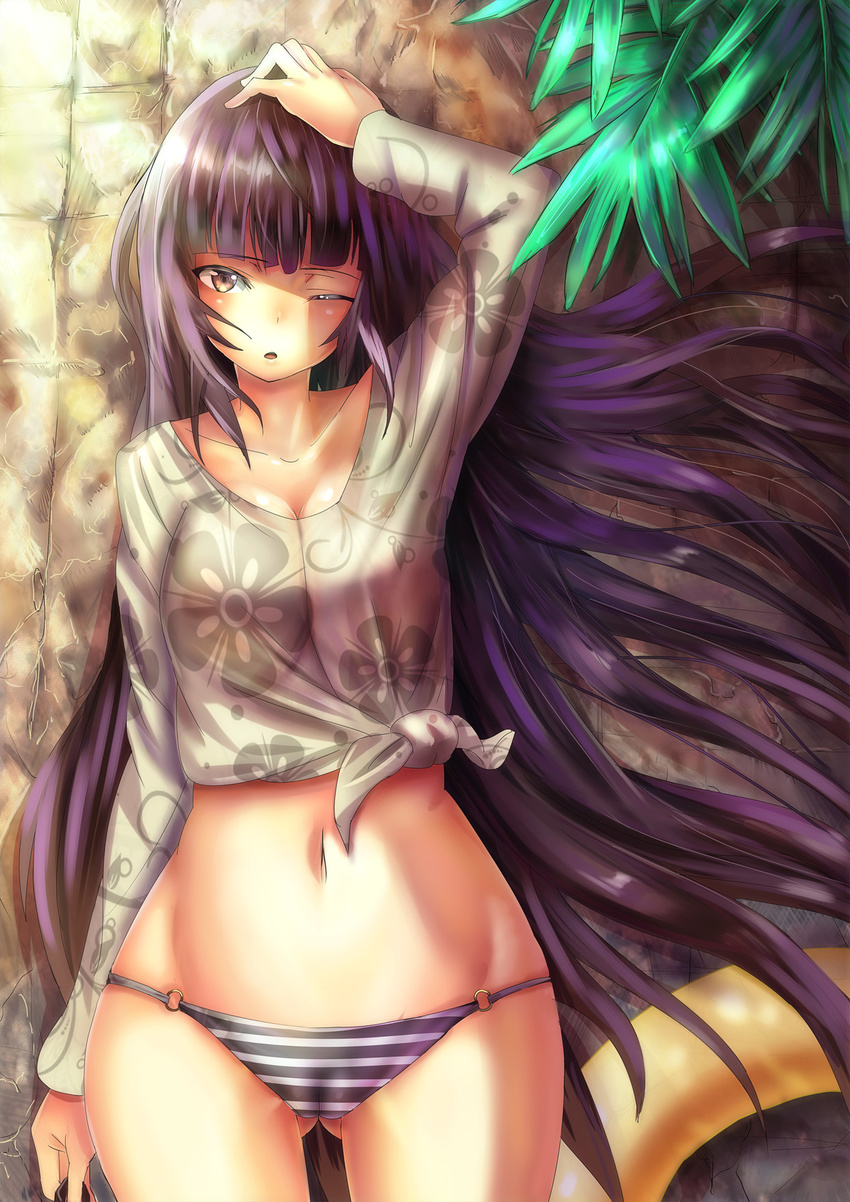 bikini_bottom brown_eyes highres long_hair midriff monogatari_(series) navel noririn one_eye_closed purple_hair senjougahara_hitagi solo