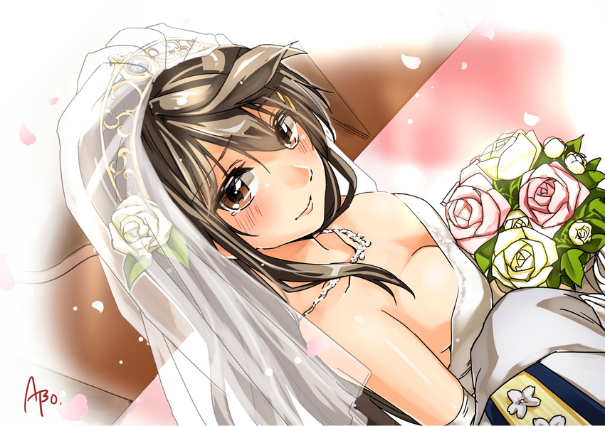 abo_(hechouchou) arm_hug black_hair bouquet breasts brown_eyes cleavage dress flower from_above haruna_(kantai_collection) kantai_collection looking_at_viewer medium_breasts pov solo_focus veil wedding_dress