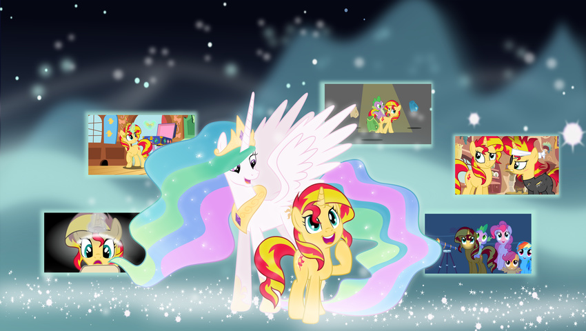 2014 absurd_res alternate alternate_universe blonde_hair blue_eyes box case crown cutie_mark dragon equestria_girls equine eyes_closed fangs female feral friendship_is_magic glowing gold hair hi_res horn horse inside levitation long_hair magic male mammal multi-colored_hair my_little_pony necklace pegasus pinkie_pie_(mlp) pony princess_celestia_(mlp) rainbow_dash_(mlp) red_hair scootaloo_(mlp) sky smile sparkles spike_(mlp) sunset_shimmer_(eg) theshadowstone two_tone_hair unicorn window winged_unicorn wings