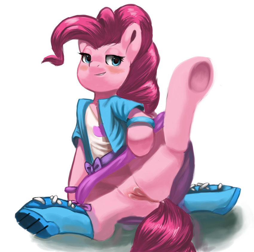 blue_eyes blush clothing equine female feral friendship_is_magic fur hair half-closed_eyes hooves horse mammal my_little_pony one_leg_up pink_fur pink_hair pinkie_pie_(mlp) plain_background pony presenting pussy sketchysky solo spread_legs spreading white_background