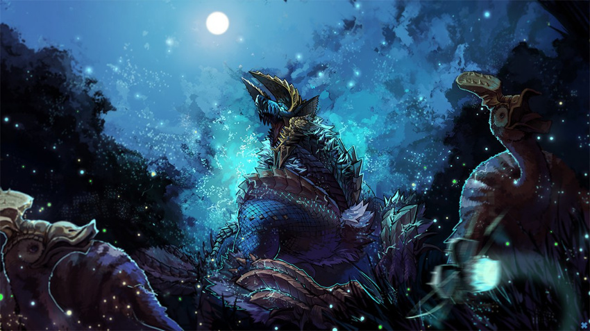 beak blue_eyes blue_scales claws cool_colors feathers feral firefly forest fur gargwa grass horn kuroblood monster_hunter moon night outside scales tree unknown_species video_games zinogre