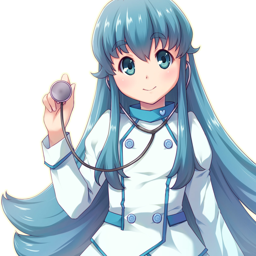 blue_eyes blue_hair happinesscharge_precure! highres long_hair looking_at_viewer precure sayousuke shirayuki_hime simple_background smile solo stethoscope white_background