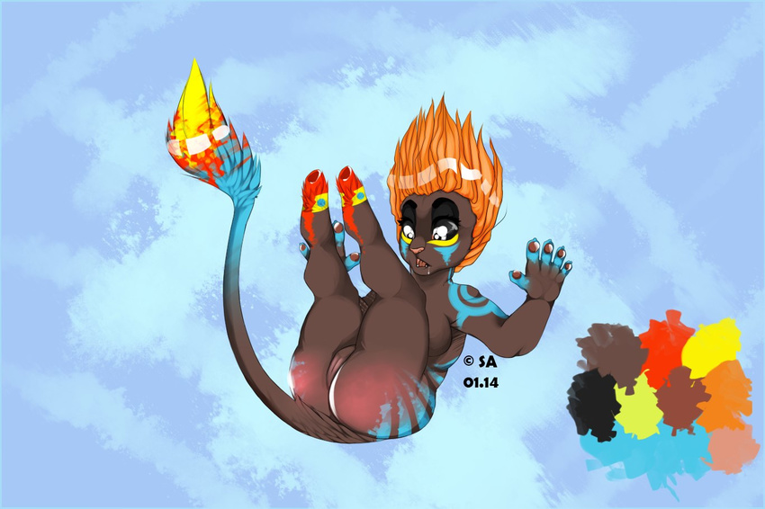 #ashaika #ashaika_ref #furry 2014 ashaika black_sclera breasts butt cloud falling female hair hooves legs_up model_sheet open_mouth orange_hair pussy sky solo sueart unknown_species