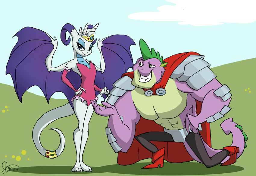 cape cloud dragon equine female friendship_is_magic half-closed_eyes hi_res horn kneeling looking_at_viewer male mammal my_little_pony outside purple_scales rarity_(mlp) scalie shaded shadow shimmerpaw signature sky slit_pupils spike_(mlp) spines spread_wings tiara white_scales wings