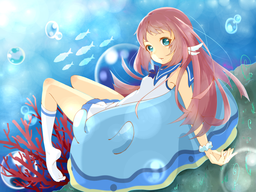 bad_id bad_pixiv_id blue_eyes brown_hair dress highres long_hair minigirl mukaido_manaka nagi_no_asukara nana_(kurha7) oversized_object sailor_dress school_uniform sea_slug serafuku