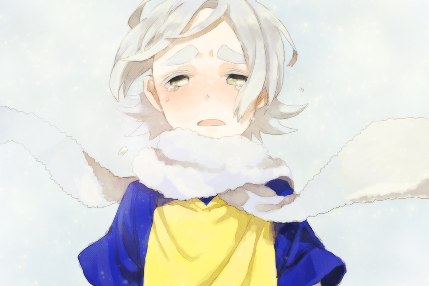 bad_id bad_pixiv_id crying fubuki_shirou iko_(i-my-16) inazuma_eleven inazuma_eleven_(series) looking_at_viewer male_focus raimon raimon_soccer_uniform scarf shirt soccer_uniform solo sportswear t-shirt tears upper_body white_hair