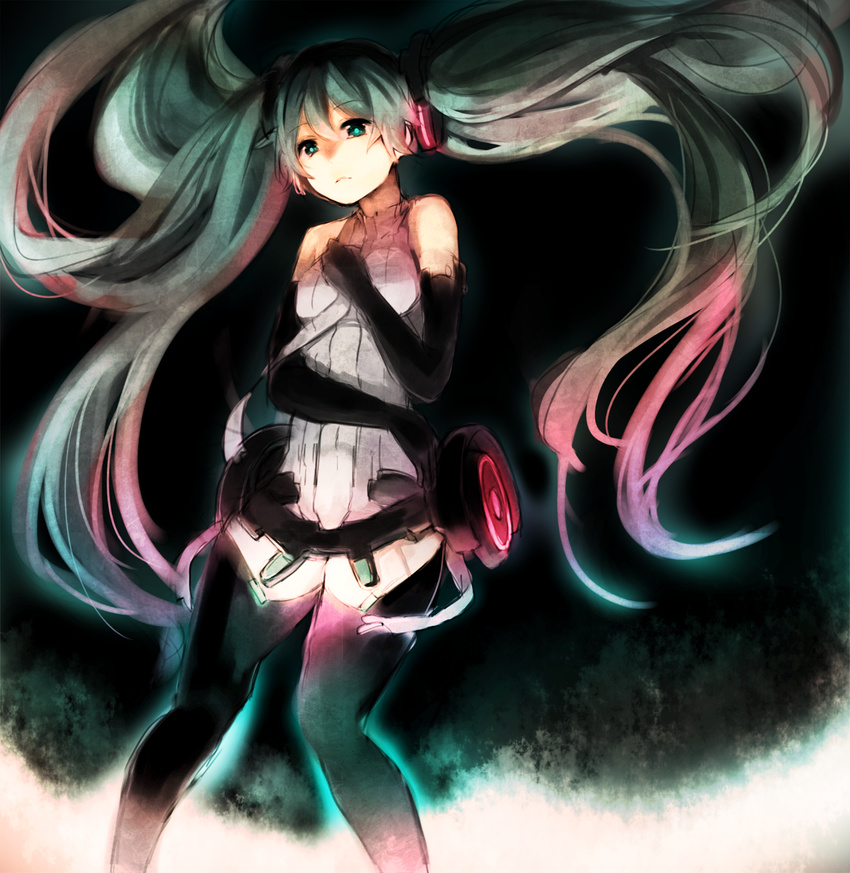 bad_id bad_pixiv_id elbow_gloves gloves green_eyes green_hair hatsune_miku hatsune_miku_(append) highres keshitsubu long_hair pink_hair solo thighhighs twintails very_long_hair vocaloid vocaloid_append