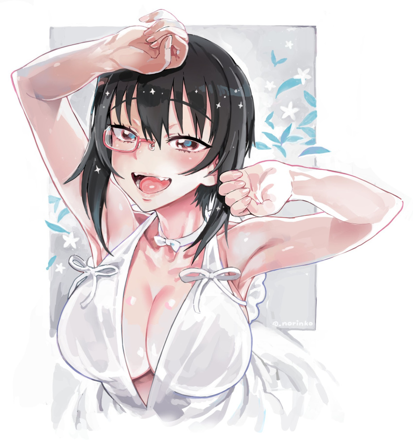 1girl :d armpits bangs bare_shoulders black_hair bow_choker breasts brown_eyes choker dress fangs girls_und_panzer hair_between_eyes halterneck hands_up happy highres kawashima_momo large_breasts looking_at_viewer norinco open_mouth red-framed_eyewear semi-rimless_eyewear sidelocks smile solo sparkle twitter_username under-rim_eyewear upper_body white_choker white_dress