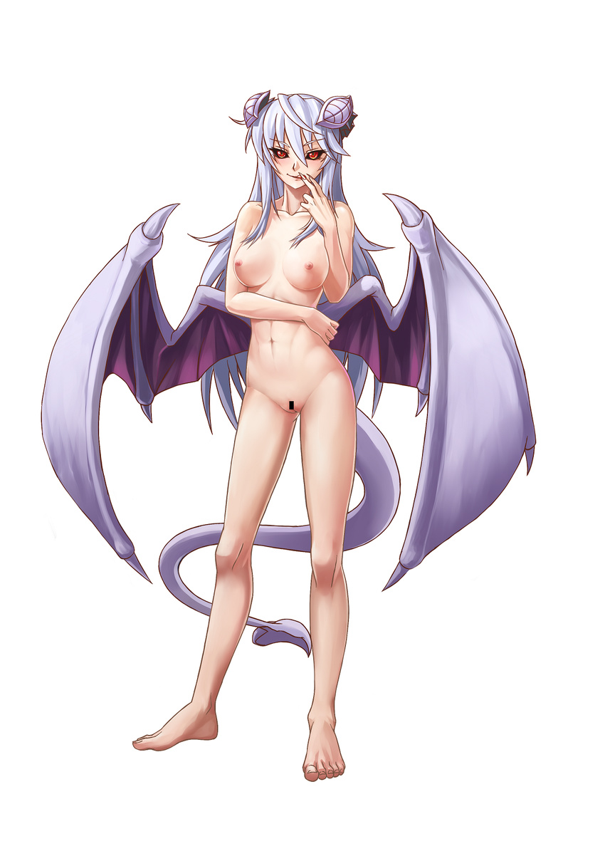 abs areolae ass_visible_through_thighs bar_censor barefoot black_sclera breasts censored demon_tail demon_wings highres horns large_breasts licking licking_hand lilim_(monster_girl_encyclopedia) long_hair looking_at_viewer mari_(maritan) maritan_(pixelmaritan) monster_girl_encyclopedia navel nipples nude original pussy red_eyes simple_background solo standing tail toned very_long_hair white_background white_hair wings