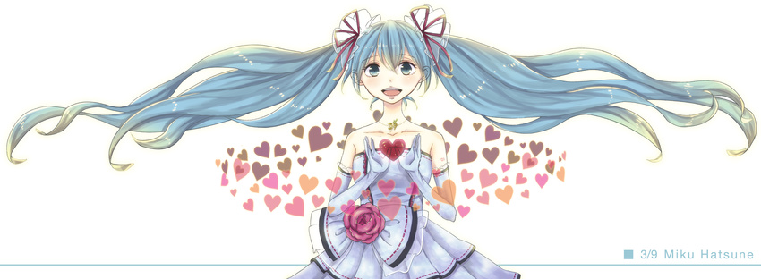39 absurdres aqua_eyes aqua_hair character_name dress elbow_gloves floating_hair gloves hair_ribbon hatsune_miku heart highres jewelry long_hair necklace open_mouth ribbon solo spring_onion twintails very_long_hair vocaloid