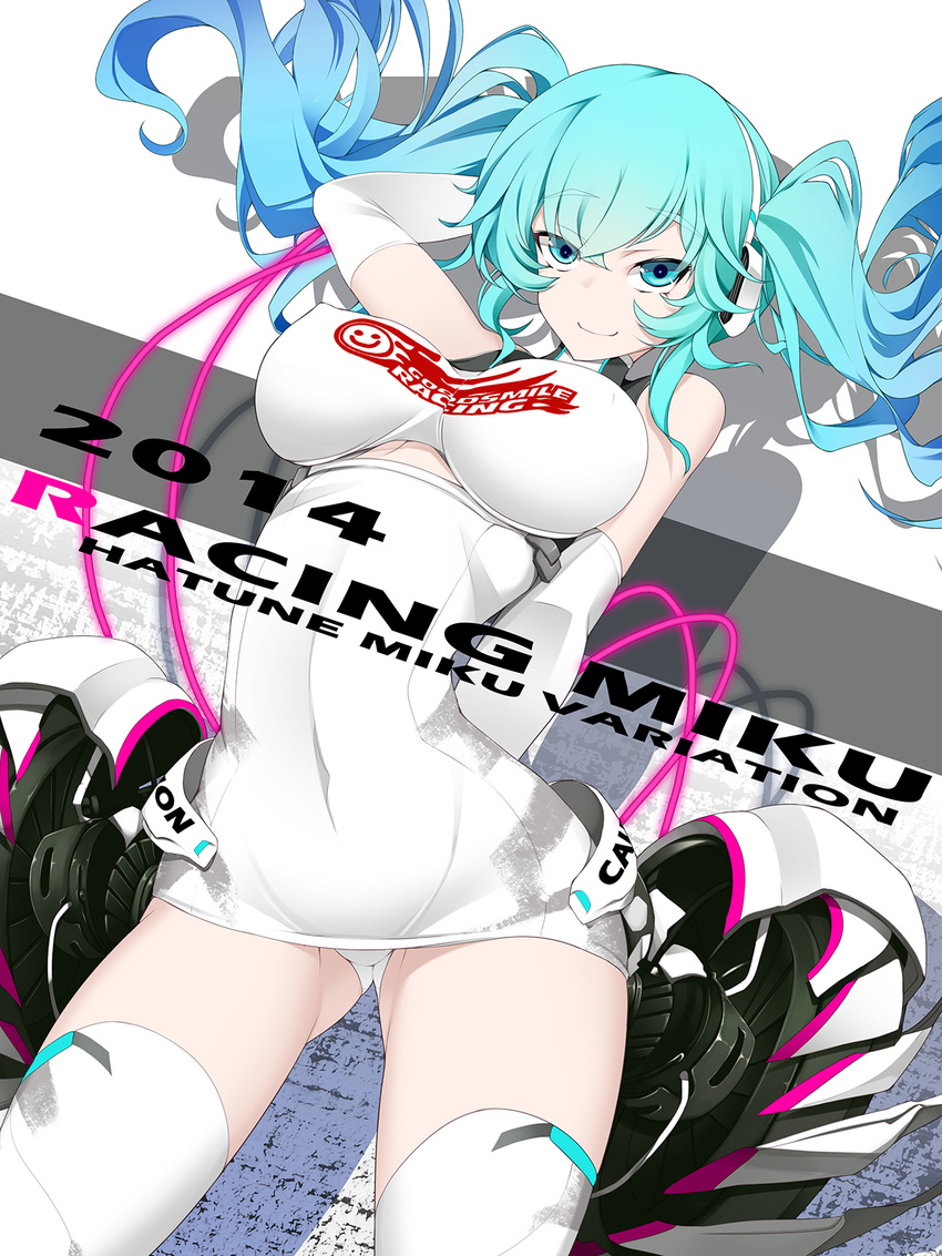 2014 arm_up ass_visible_through_thighs character_name covered_navel cowboy_shot elbow_gloves gloves goodsmile_racing hatsune_miku headphones highres leotard long_hair race_queen racing_miku racing_miku_(2014) solo thighhighs torisan twintails vocaloid