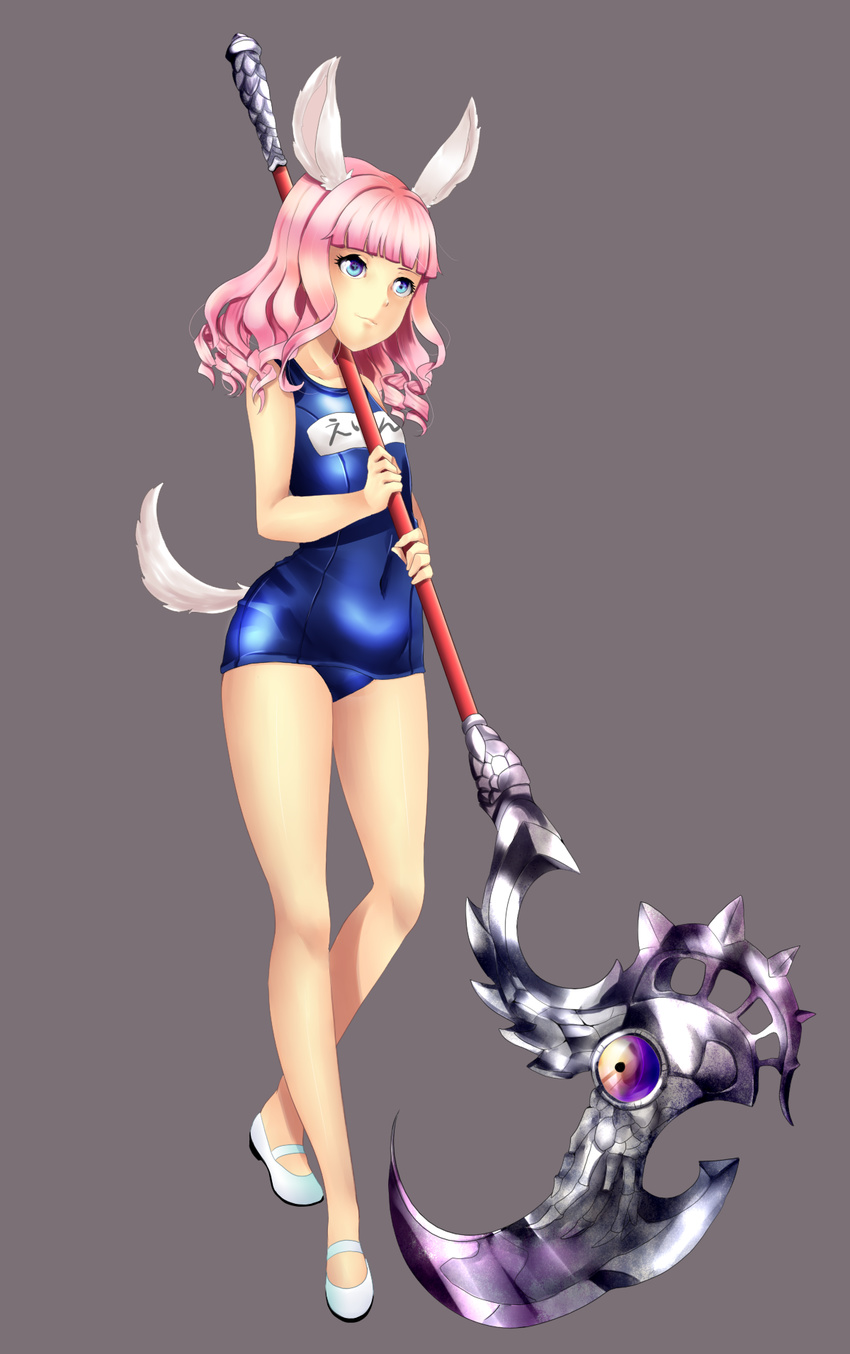 animal_ears axe bad_id bad_pixiv_id blue_eyes bunny_ears dog_tail elin_(tera) highres long_hair one-piece_swimsuit pink_hair school_swimsuit smile solo swimsuit tail tera_online weapon y.i._(lave2217)