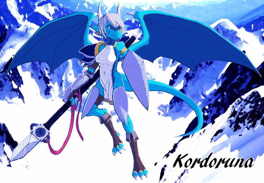 armor atsidas blue_eyes digigrade digitigrade dragon female flying hair horn kordoruna mountain polearm shield spear white_hair wings