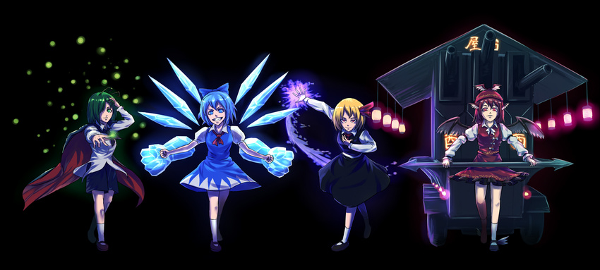 black_background blonde_hair blouse blue_eyes blue_hair cape cart cirno clenched_hands dress green_eyes green_hair hair_ribbon hat highres horaemon03 ice lantern magic multiple_girls mystia_lorelei paper_lantern red_eyes red_hair ribbon rumia short_hair shorts skirt smile team_9 touhou trail vending_cart vest wings wriggle_nightbug