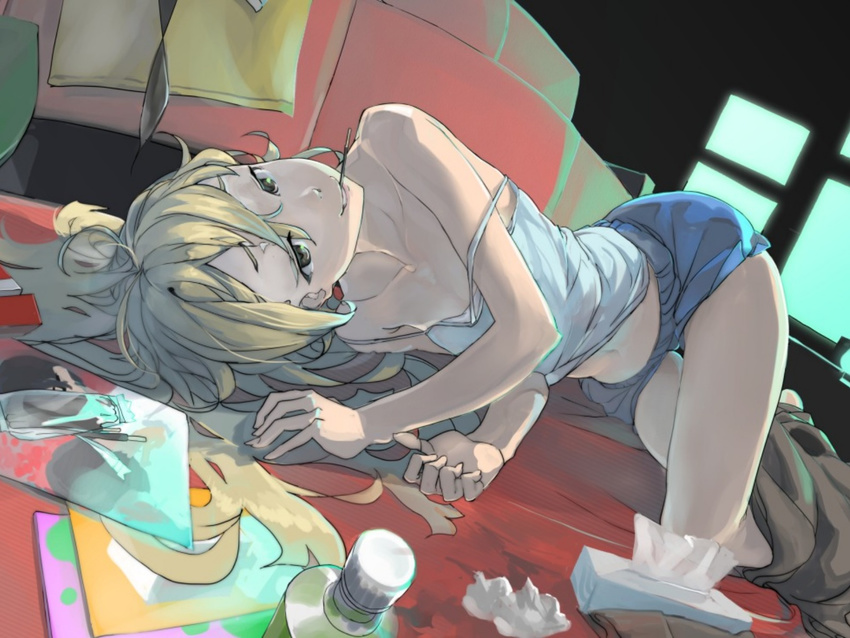 1girl bare_shoulders blonde_hair box brown_eyes camisole clavicle collarbone female head_tilt koujiro_frau lips long_hair lying navel on_side open_mouth paper parted_lips pocky robotics;notes science_adventure short_shorts shorts smile solo strap_slip sweets tagaya6592 teeth thighs tissue tissue_box twintails yellow_eyes