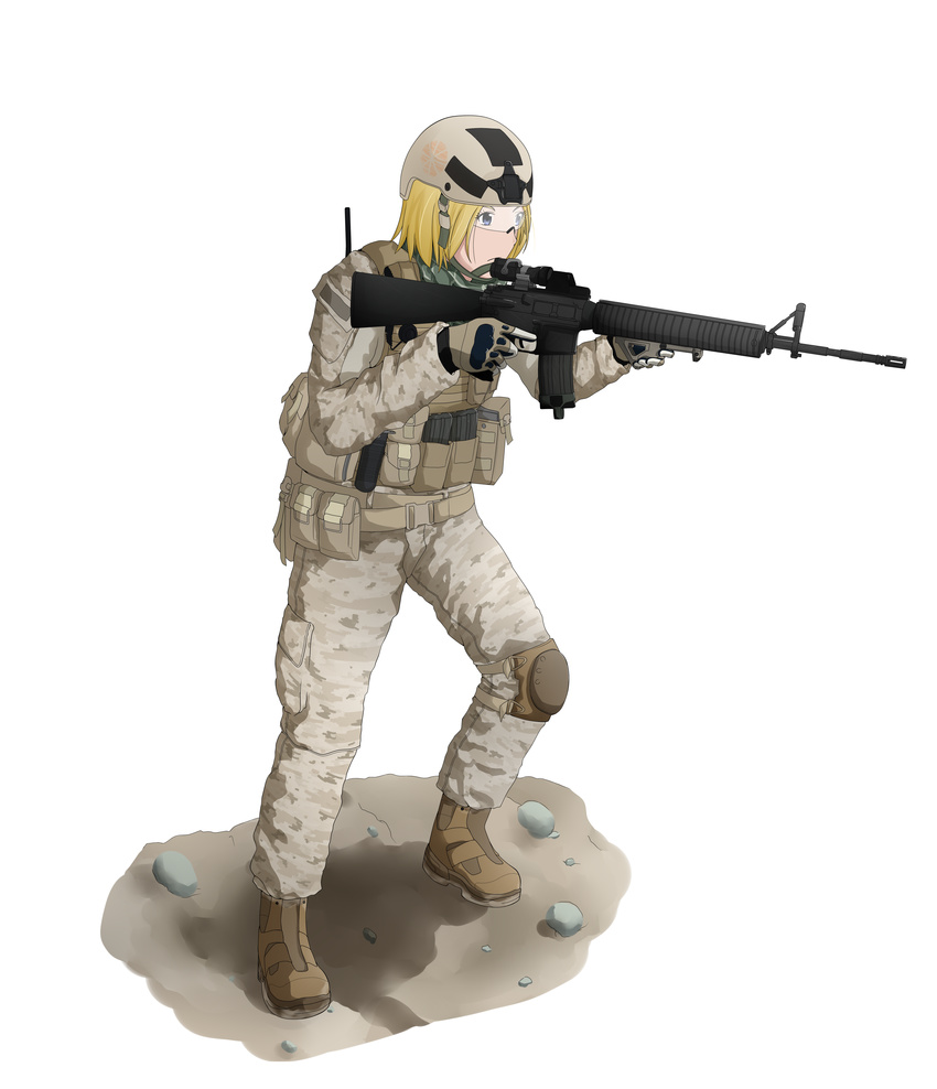 absurdres aimpoint angled_foregrip assault_rifle battlefield_(series) battlefield_3 blonde_hair boots camouflage combat_boots commentary english_commentary eotech gloves gun helmet highres hybrid_sight m16 m16a4_(upotte!!) marine_corps military military_operator military_uniform rifle soap971 solo uniform upotte!! weapon
