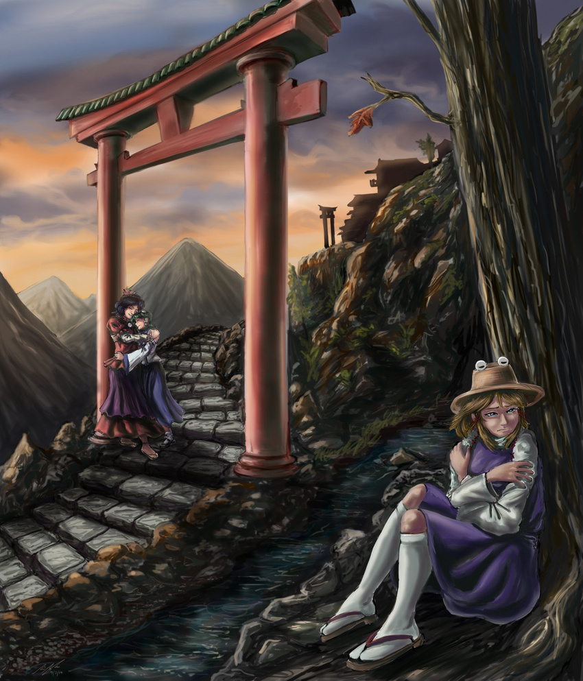 arch blonde_hair blue_eyes cloud cloudy_sky commentary commission crying deviantart_sample full_body geta green_hair hat highres hug image_sample kochiya_sanae long_skirt looking_away mary_janes moriya_shrine moriya_suwako mountain multiple_girls outdoors purple_hair purple_skirt sandals shoes short_hair skirt sky stairs stream sunlight sunset tabi tears thighhighs torii touhou tree twilight yasaka_kanako zettai_ryouiki zucreelo