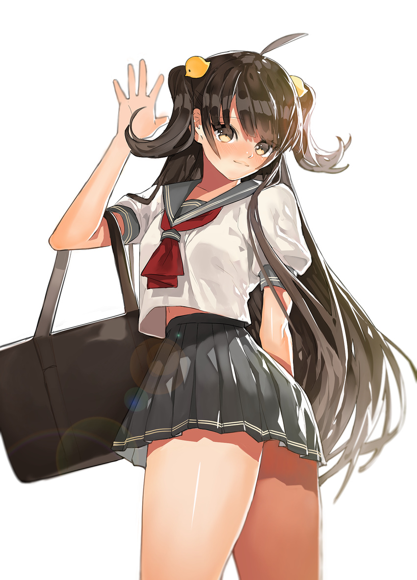 arutera bad_id bad_pixiv_id bag banned_artist black_hair bookbag brown_eyes highres lens_flare light_smile long_hair looking_at_viewer original quality school_uniform serafuku simple_background skirt solo thighs twisted_torso very_long_hair waving white_background