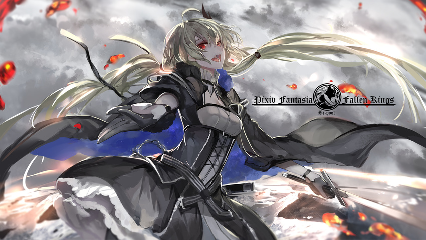 ahoge armlet belt black_dress black_gloves blonde_hair blood buckle corset cowboy_shot cross-laced_clothes dress evil_smile fangs gloves highres holding holding_sword holding_weapon long_hair looking_at_viewer open_mouth pixiv_fantasia pixiv_fantasia_fallen_kings red_eyes saberiii smile solo sword teeth twintails underbust vampire weapon