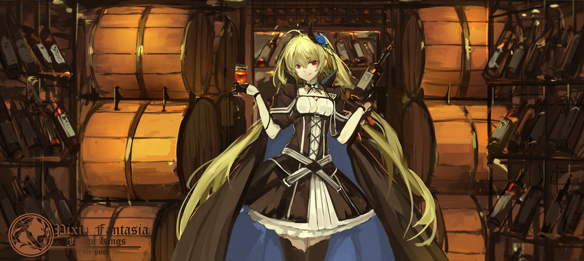 alcohol blonde_hair bottle breasts cleavage cup dress drinking_glass hair_ornament highres licking_lips long_hair medium_breasts pixiv_fantasia pixiv_fantasia_fallen_kings saberiii solo tongue tongue_out very_long_hair wine wine_bottle wine_cellar wine_glass