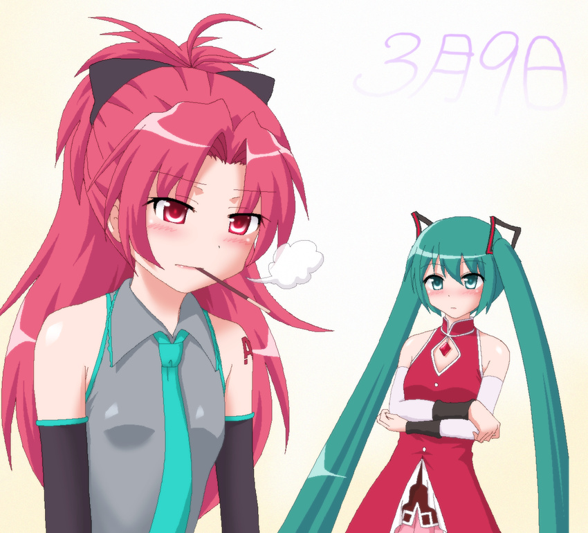 39 blush bow cosplay costume_switch crossover detached_sleeves food green_eyes green_hair hair_bow hatsune_miku hatsune_miku_(cosplay) hayashiya_zankurou long_hair magical_girl mahou_shoujo_madoka_magica md5_mismatch mouth_hold multiple_girls necktie pocky ponytail red_eyes red_hair sakura_kyouko sakura_kyouko_(cosplay) twintails vocaloid