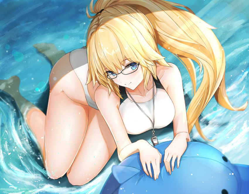 blonde_hair blue_eyes breasts competition_swimsuit fate/grand_order fate_(series) glasses gu_luco highres inflatable_dolphin inflatable_toy jacket jeanne_d'arc_(fate)_(all) jeanne_d'arc_(swimsuit_archer) jeanne_d'arc_(fate) jeanne_d'arc_(fate)_(all) jeanne_d'arc_(swimsuit_archer) large_breasts long_hair looking_at_viewer one-piece_swimsuit partially_submerged ponytail smile solo swimsuit water whistle whistle_around_neck white_jacket white_swimsuit