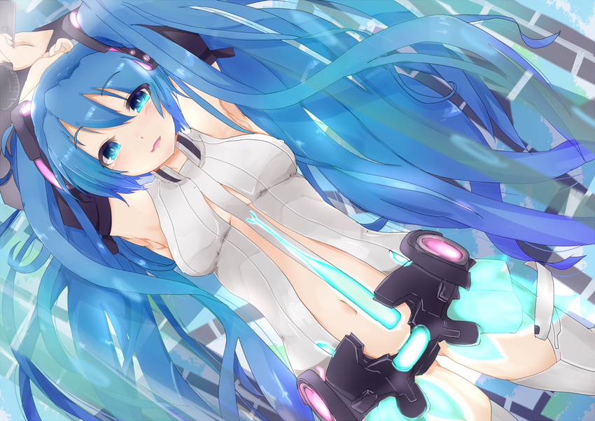 aqua_eyes armpits arms_up blue_hair bridal_gauntlets center_opening hatsune_miku hatsune_miku_(append) long_hair microphone navel rai_(sakuranbo_sugar) solo thighhighs twintails very_long_hair vocaloid vocaloid_append