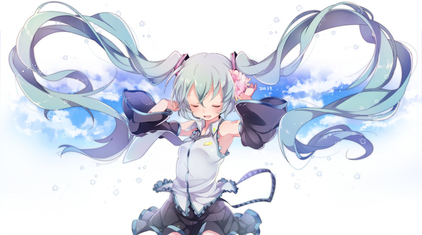 2014 aqua_hair closed_eyes dated detached_sleeves floating_hair flower hair_flower hair_ornament hatsune_miku highres long_hair necktie open_mouth skirt solo twintails u35 very_long_hair vocaloid white_background