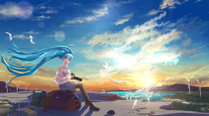 absurdres bad_id bad_pixiv_id bird blouse blue_eyes blue_hair bracelet camera canji0 cloud hatsune_miku highres jewelry long_hair no_shoes rock seagull sky vocaloid wind_turbine windmill