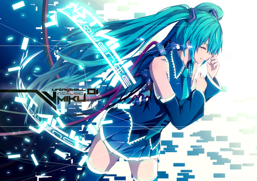 aqua_hair bad_id bad_pixiv_id cable character_name closed_eyes detached_sleeves hatsune_miku long_hair merontomari necktie skirt solo tears thighhighs twintails uninstall very_long_hair vocaloid