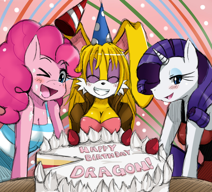 anthrofied birthday_cake blue_eyes bunnie_rabbot cleavage clothed clothing crossover equine eyes_closed eyeshadow female friendship_is_magic fur group hair half-closed_eyes hedgehog hi_res horn horse lagomorph makeup mammal my_little_pony one_eye_closed open_mouth pink_fur pink_hair pinkie_pie_(mlp) pony purple_hair rabbit rarity_(mlp) sega smile sonic_(series) sonic_the_hedgehog sssonic2 tongue unicorn white_fur yellow_fur