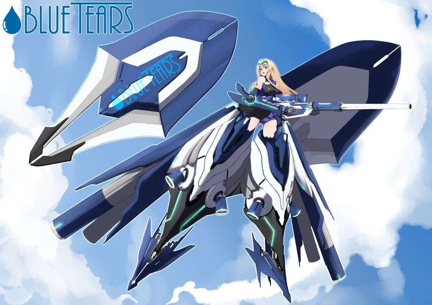 absurdres blonde_hair blue_tears_(infinite_stratos) breasts cecilia_alcott cloud day full_body highres infinite_stratos leotard long_hair mecha_musume medium_breasts pilot_suit sky smile solo thighs tumekui very_long_hair