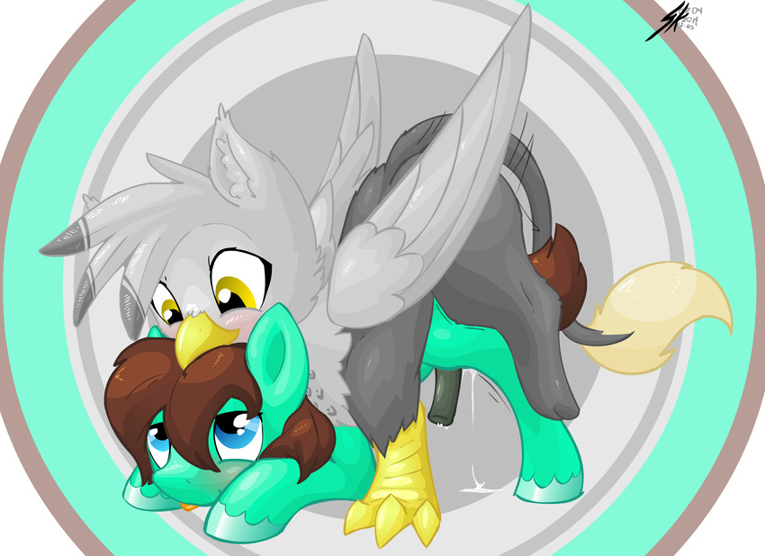 avian beak blue_eyes blush brown_hair cum duo equine feral fur gay green_fur grey_fur gryphon hair horse interspecies male mammal my_little_pony original_character penis pony sex shinekolt wings yellow_eyes