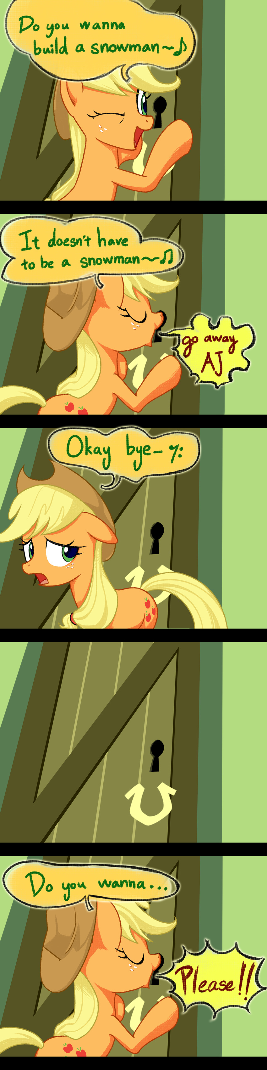 applejack_(mlp) blonde_hair comic dialog door english_text equine female freckles friendship_is_magic frozen_(movie) fur gashiboka green_eyes hair hat hi_res horse horseshoe key_hole mammal my_little_pony orange_fur parody pony text