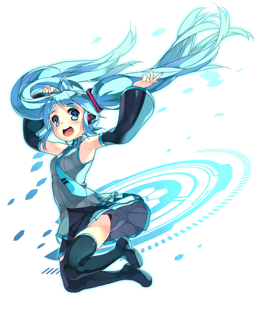 aqua_eyes aqua_hair armpits arms_up boots detached_sleeves floating_hair hatsune_miku highres jumping karpin long_hair necktie open_mouth skirt solo thigh_boots thighhighs twintails very_long_hair vocaloid