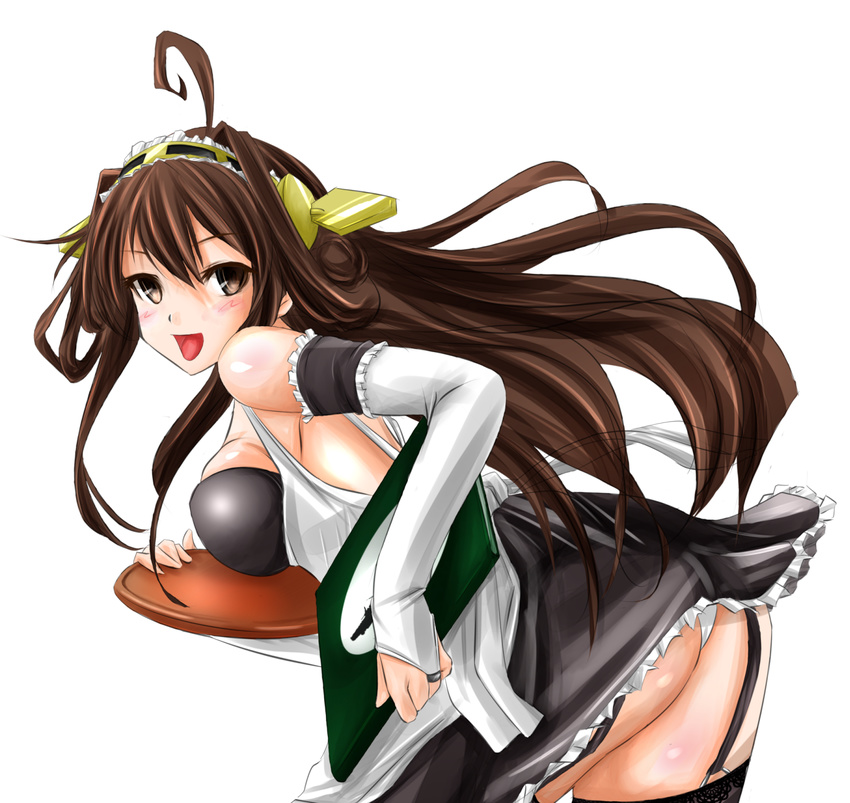 ahoge alternate_costume black_legwear blush breasts bridal_gauntlets brown_eyes brown_hair engetsu_rin enmaided garter_straps headgear highres kantai_collection kongou_(kantai_collection) large_breasts leaning_forward long_hair maid open_mouth solo thighhighs tray white_background