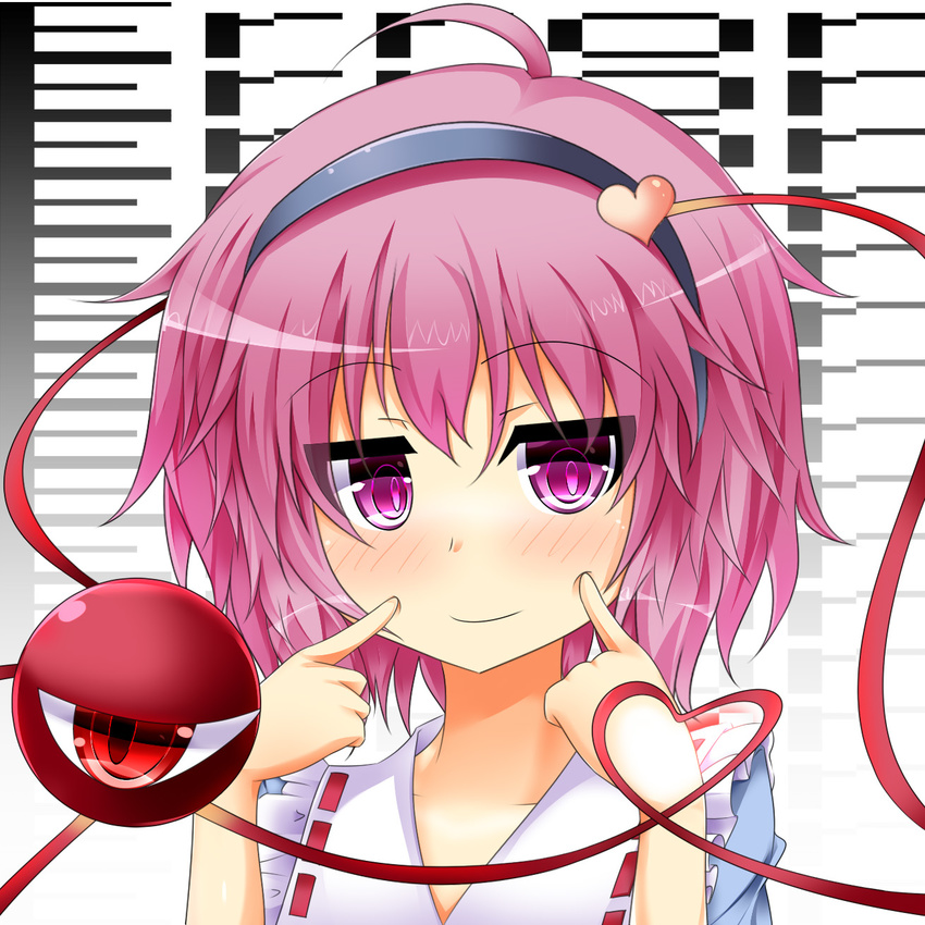 ahoge blouse finger_to_cheek hairband heart heart_of_string highres komeiji_satori light_smile looking_at_viewer md5_mismatch pink_eyes pink_hair short_hair solo text_focus third_eye touhou upper_body us2s white_background