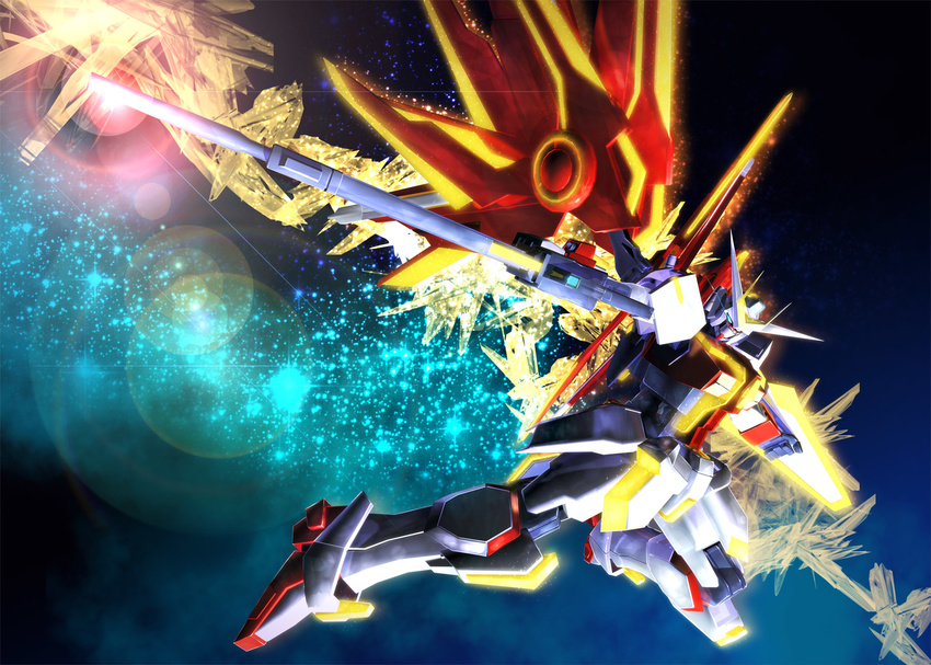 ayatudura beam_rifle energy_gun extreme_gundam_type_leos_aios_phase glowing gundam gundam_exa mecha no_humans shield solo space weapon wings