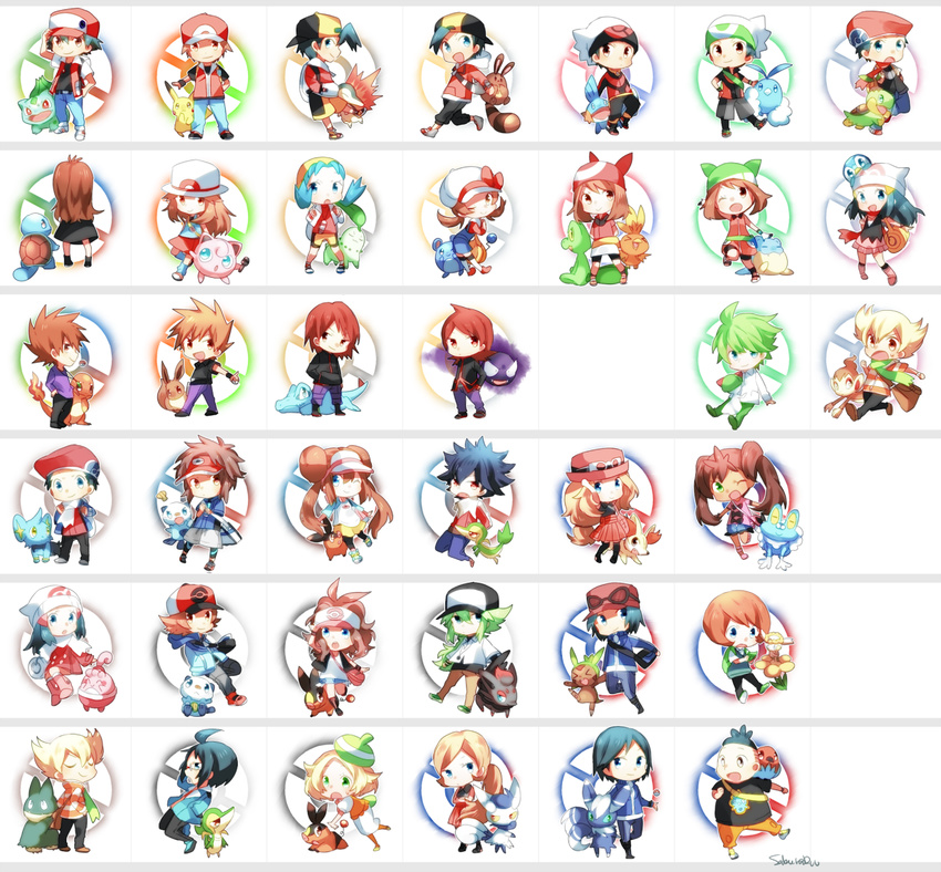 &gt;_&lt; 6+girls :o ;o aqua_eyes backwards_hat bad_id bad_pixiv_id bandana baseball_cap beanie bel_(pokemon) blue_(pokemon) blue_eyes brown_eyes brown_hair bulbasaur calme_(pokemon) charmander cheren_(pokemon) chespin chibi chikorita chimchar closed_mouth coat creature crystal_(pokemon) cyndaquil dual_persona eevee everyone fangs fennekin flabebe fletchling froakie full_body gastly gen_1_pokemon gen_2_pokemon gen_3_pokemon gen_4_pokemon gen_5_pokemon gen_6_pokemon ghost gold_(pokemon) green_bandana green_eyes green_hat hair_between_eyes happiny haruka_(pokemon) hat hikari_(pokemon) hue_(pokemon) jun_(pokemon) kotone_(pokemon) kouki_(pokemon) kyouhei_(pokemon) light_brown_hair long_hair looking_at_viewer marill medium_hair mei_(pokemon) meowstic mitsuru_(pokemon) multiple_boys multiple_girls multiple_persona munchlax n_(pokemon) naru_(andante) one_eye_closed ookido_green oshawott pikachu piplup pokemon pokemon_(creature) pokemon_(game) pokemon_bw pokemon_bw2 pokemon_dppt pokemon_emerald pokemon_frlg pokemon_gsc pokemon_hgss pokemon_platinum pokemon_rgby pokemon_rse pokemon_xy ralts red_(pokemon) red_(pokemon_frlg) red_(pokemon_rgby) red_bandana red_hat sana_(pokemon) sentret serena_(pokemon) shinx silver_(pokemon) simple_background smile snivy spheal squirtle standing tepig tied_hair tierno_(pokemon) toroba_(pokemon) totodile touko_(pokemon) touya_(pokemon) turtwig white_background winter_clothes yellow_hat yuuki_(pokemon) zorua