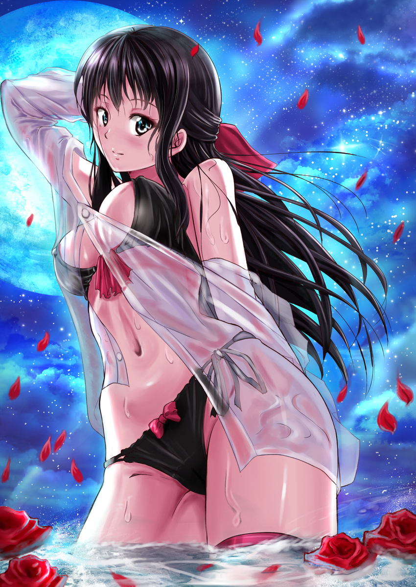 absurdres arm_up bikini black_bikini black_hair breasts covered_nipples flower full_moon green_eyes highres large_breasts moon night original petals rose rose_petals see-through shirt sideboob sky solo soyokaze star_(sky) starry_sky swimsuit water wet wet_clothes wet_shirt